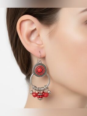 Silver and Red Boho Western Hoop Drop Earrings - Women Jewelry